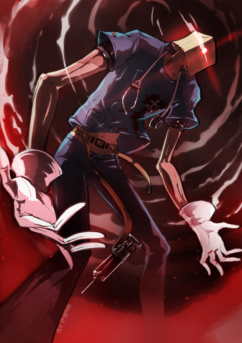 1boy, bag, bag_over_head, belt, commentary_request, faust_(guilty_gear), from_below, ggnbsky