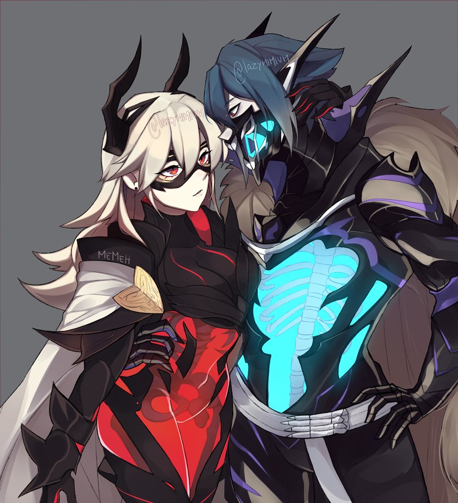 1boy, 1girl, armor, artist_name, black_armor, black_mask_(clothing), blue_hair, bone
