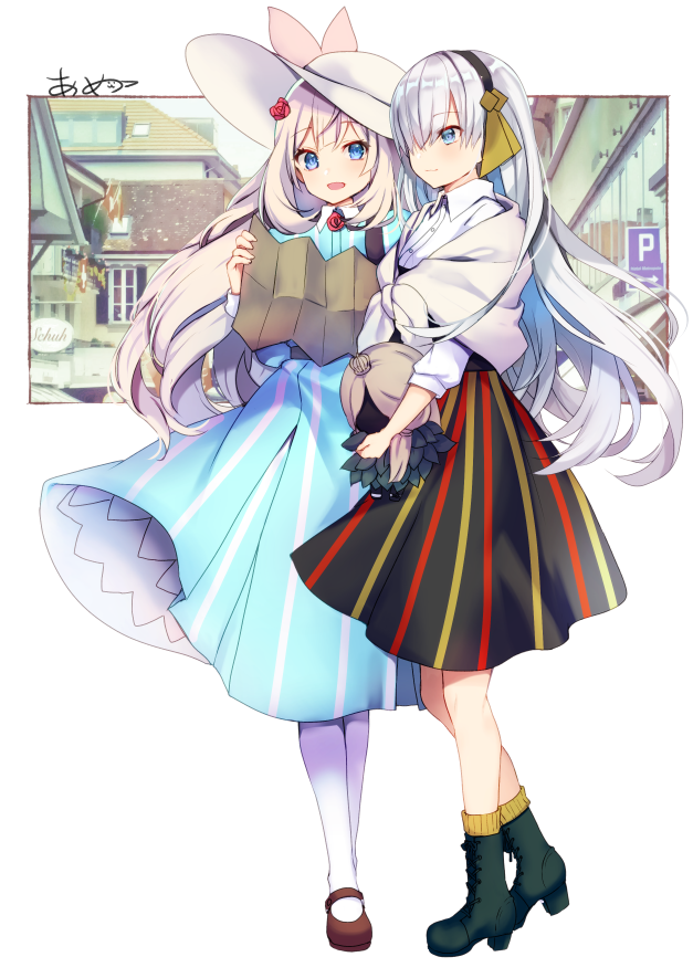 2girls, :d, alternate_costume, ameshizuku_natsuki, anastasia_(fate/grand_order), black_skirt, blue_dress, blue_eyes