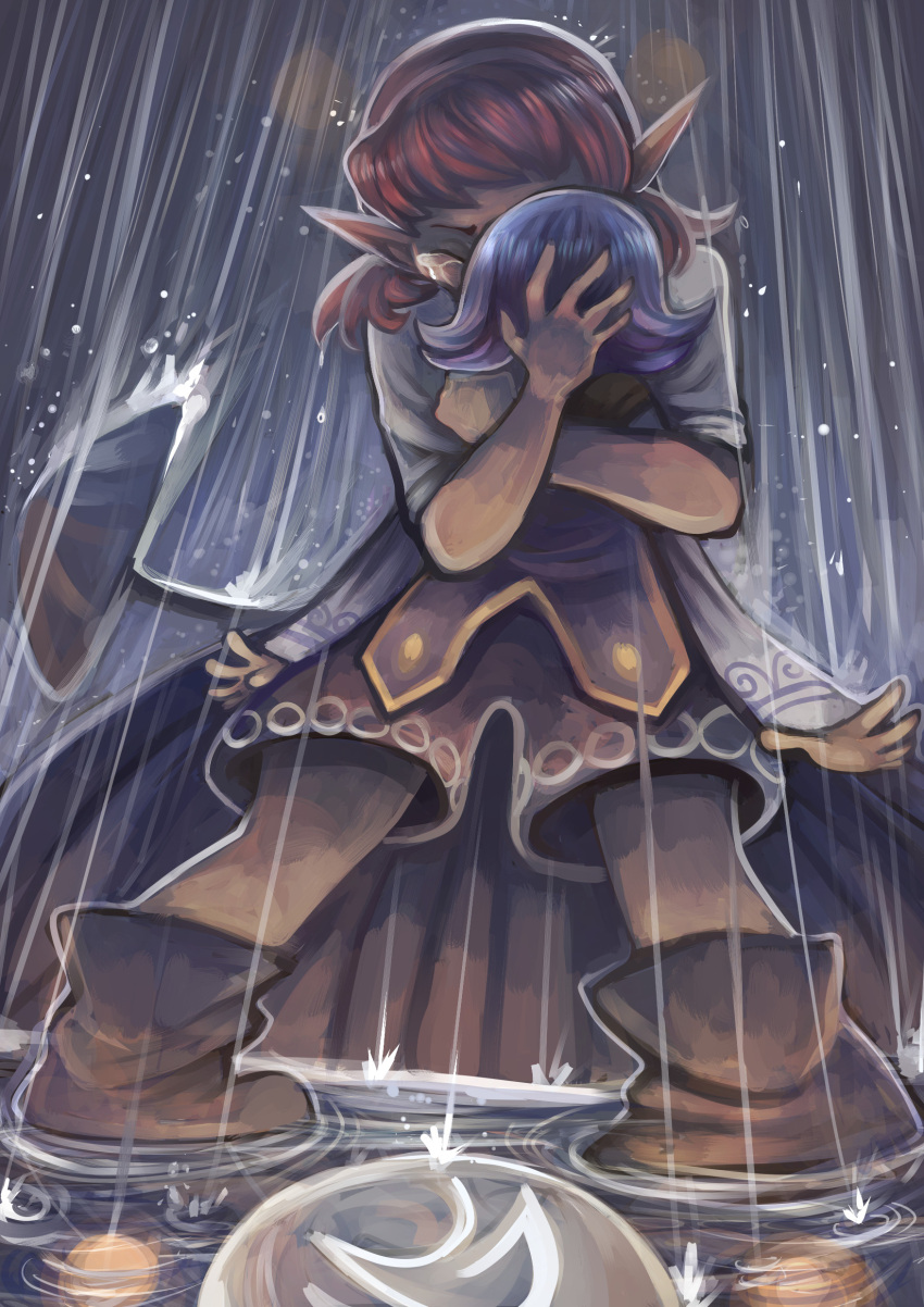 1boy, 1girl, absurdres, anju, crying, dress, hairband, highres, hug, kafei, lunie, mask, mask_removed, pointy_ears, purple_hair, rain, redhead, size_difference, the_legend_of_zelda, the_legend_of_zelda:_majora's_mask