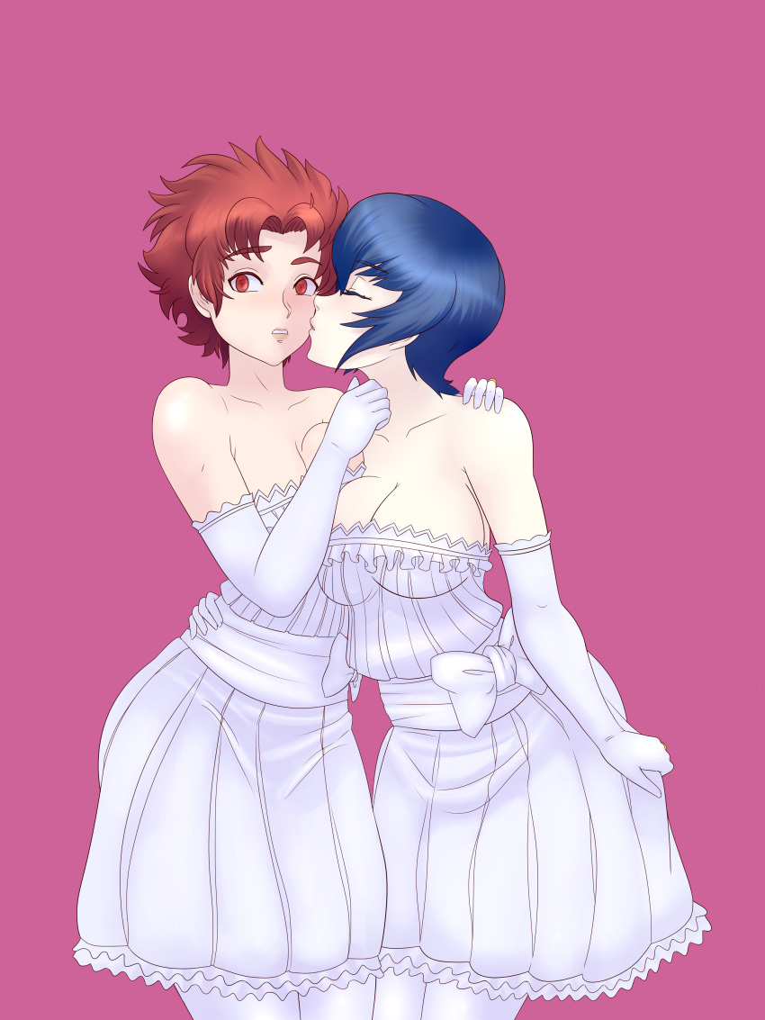 2girls, absurdres, alternate_hair_color, blue_hair, blush, breasts, bride, cheek_kiss, closed_eyes, commission, commissioner_upload, dress, fire_emblem, fire_emblem_awakening, gloves, hand_on_another's_shoulder, highres, incest, jewelry, kiss, kjelle_(fire_emblem), m-a-v-e-r-i-c-k, medium_breasts, mother_and_daughter, multiple_girls, non-web_source, red_eyes, redhead, ring, short_hair, sully_(fire_emblem), wedding, wedding_band, wedding_dress, white_legwear, wife_and_wife, yuri