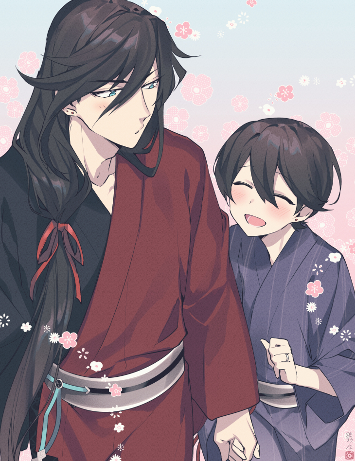 2boys, ^_^, black_hair, blue_eyes, blush, closed_eyes, earrings, flower