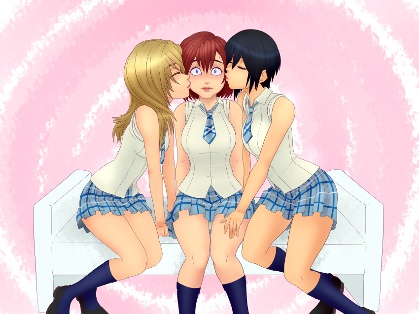 3girls, absurdres, black_footwear, black_hair, blonde_hair, blue_eyes, blue_legwear, blue_neckwear