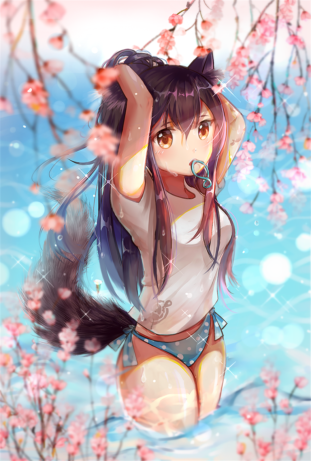 1girl, alternate_hairstyle, animal_ear_fluff, animal_ears, arknights, arms_up, bangs, bikini_bottom, black_hair, blue_bikini_bottom, blurry_foreground, blush, breasts, brown_eyes, chinese_commentary, commentary_request, cowboy_shot, flower, hair_between_eyes, hair_tie_in_mouth, highres, lens_flare, long_hair, looking_at_viewer, medium_breasts, midriff_peek, mouth_hold, no_pants, pink_flower, polka_dot_bikini_bottom, ponytail, shirt, short_sleeves, solo, sparkle, standing, sweat, tail, texas_(arknights), thighs, tying_hair, wading, water, white_shirt, wolf_ears, wolf_tail, yoizora
