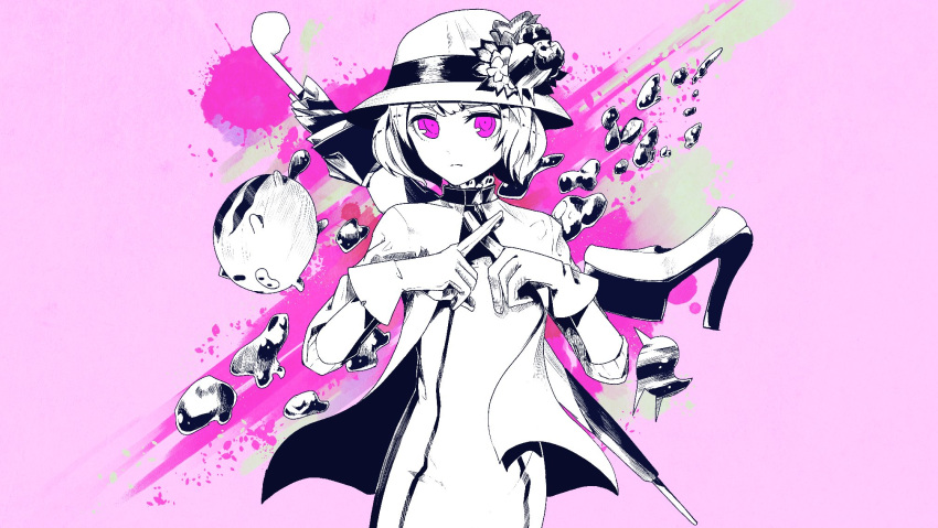 1girl, artist_request, closed_mouth, commentary_request, cowboy_shot, crossed_fingers, dress, gloves