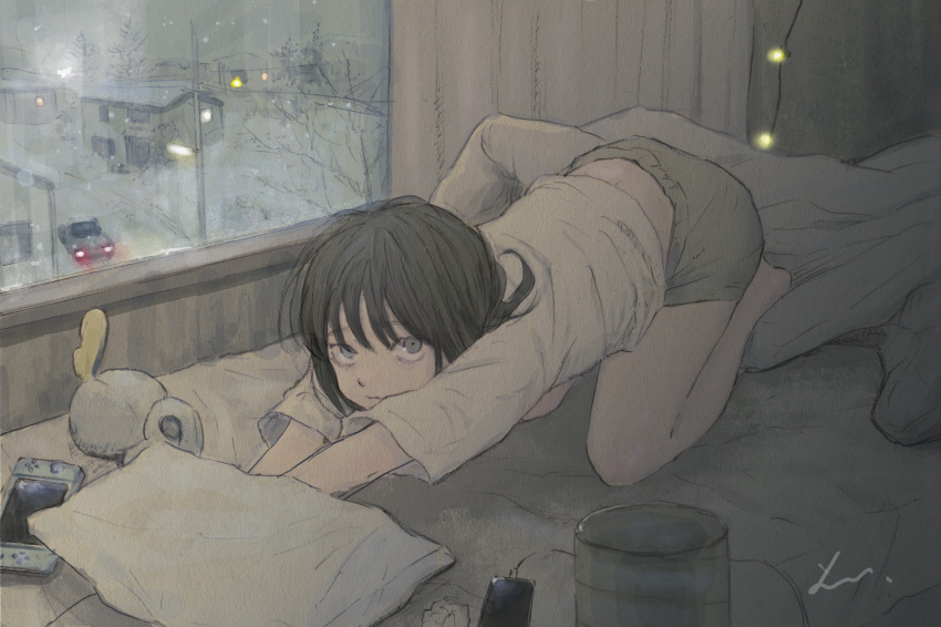 1girl, absurdres, bed, bedroom, black_hair, cat_stretch, grey_eyes, highres