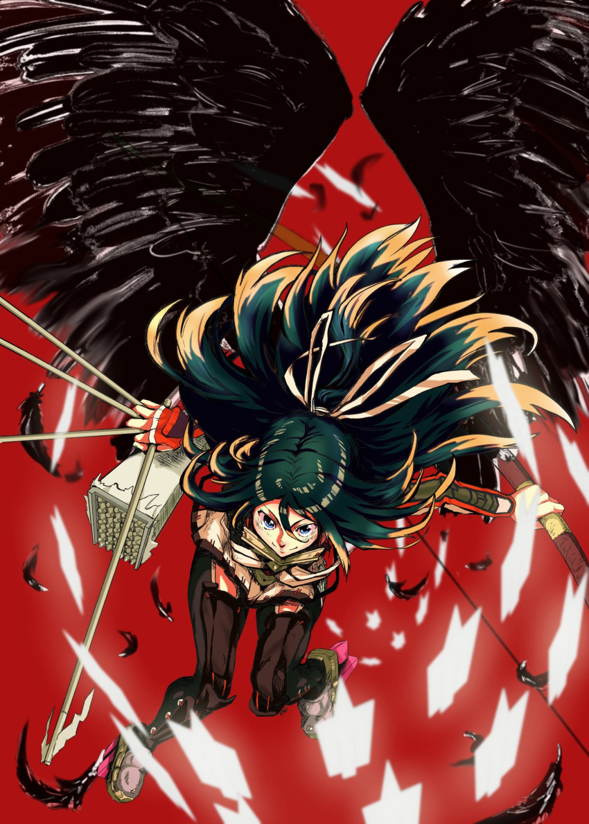 1girl, arrow, asymmetrical_gloves, bangs, black_hair, black_legwear, black_wings, blue_eyes
