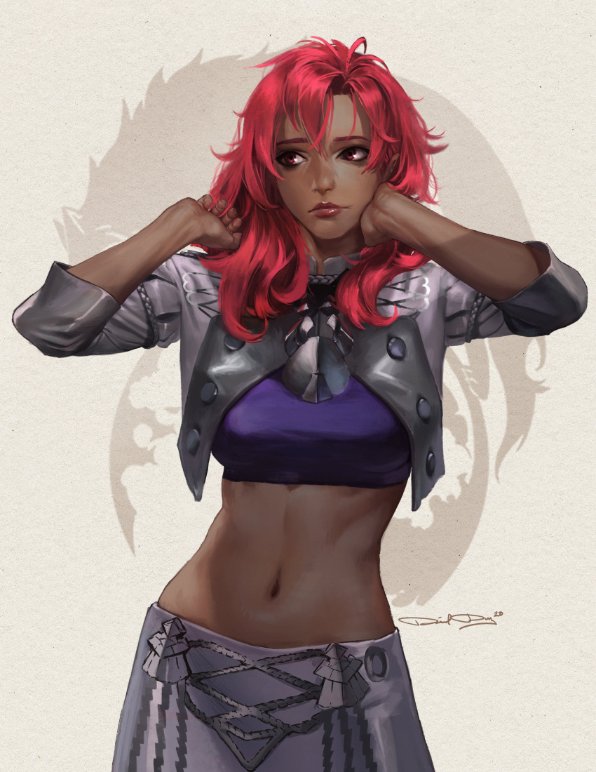 1girl, absurdres, adjusting_hair, beige_background, crop_top, daniel_deng, dark_skin, english_commentary