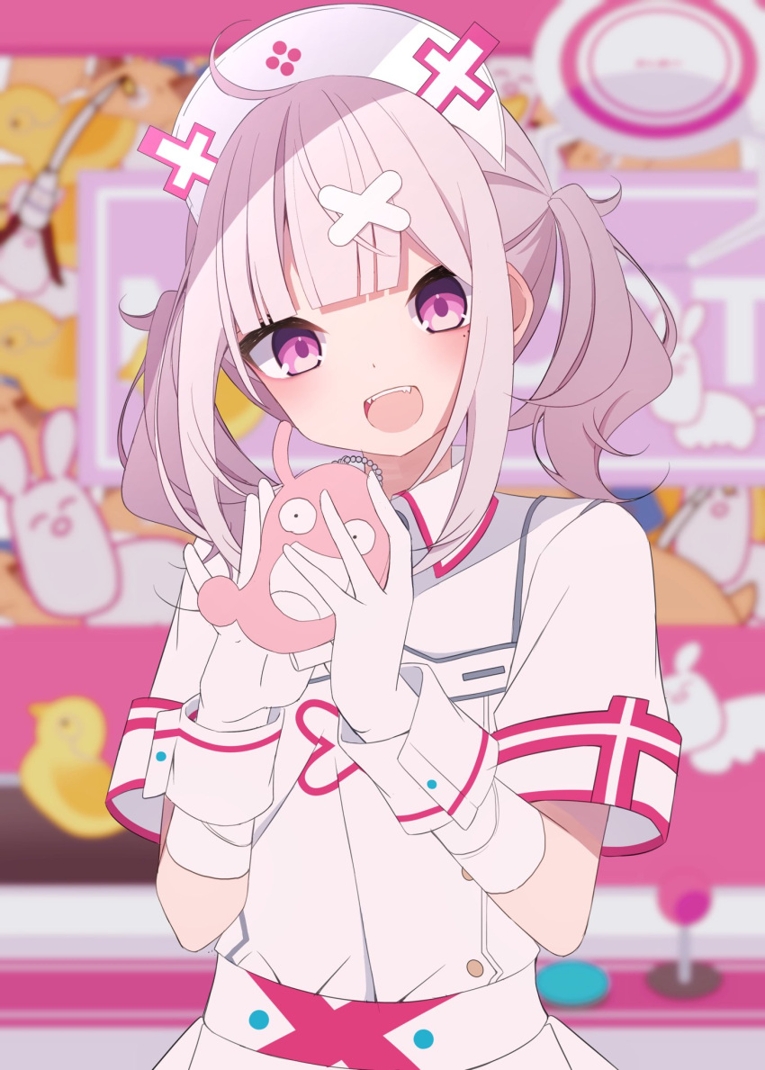 1girl, ahoge, apron, bandaged_arm, bandages, bangs, blunt_bangs, blurry