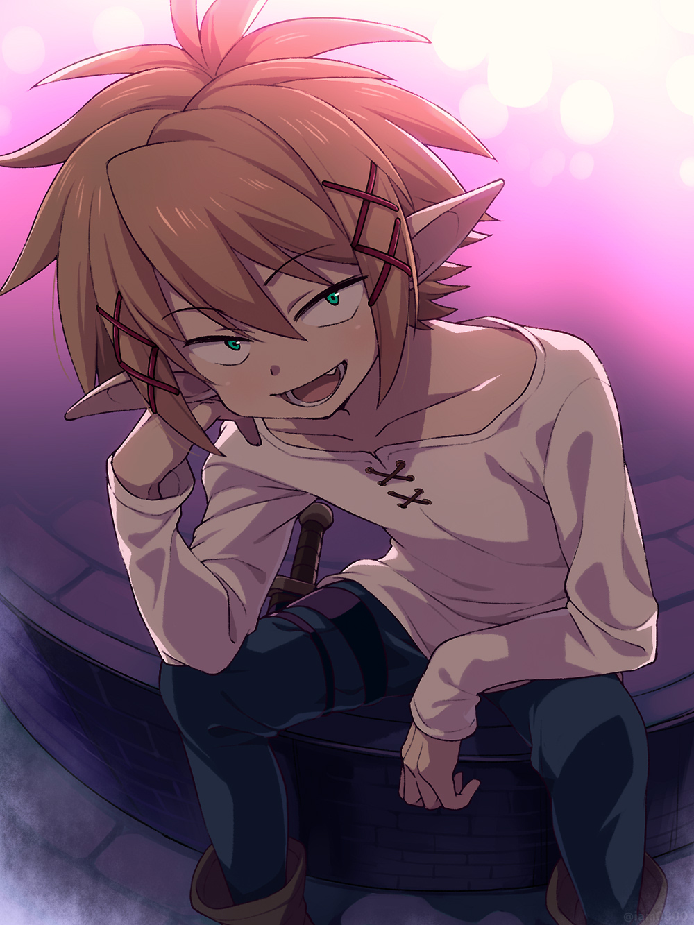 1boy, bangs, blonde_hair, elf, fang, highres, ishuzoku_reviewers, long_sleeves