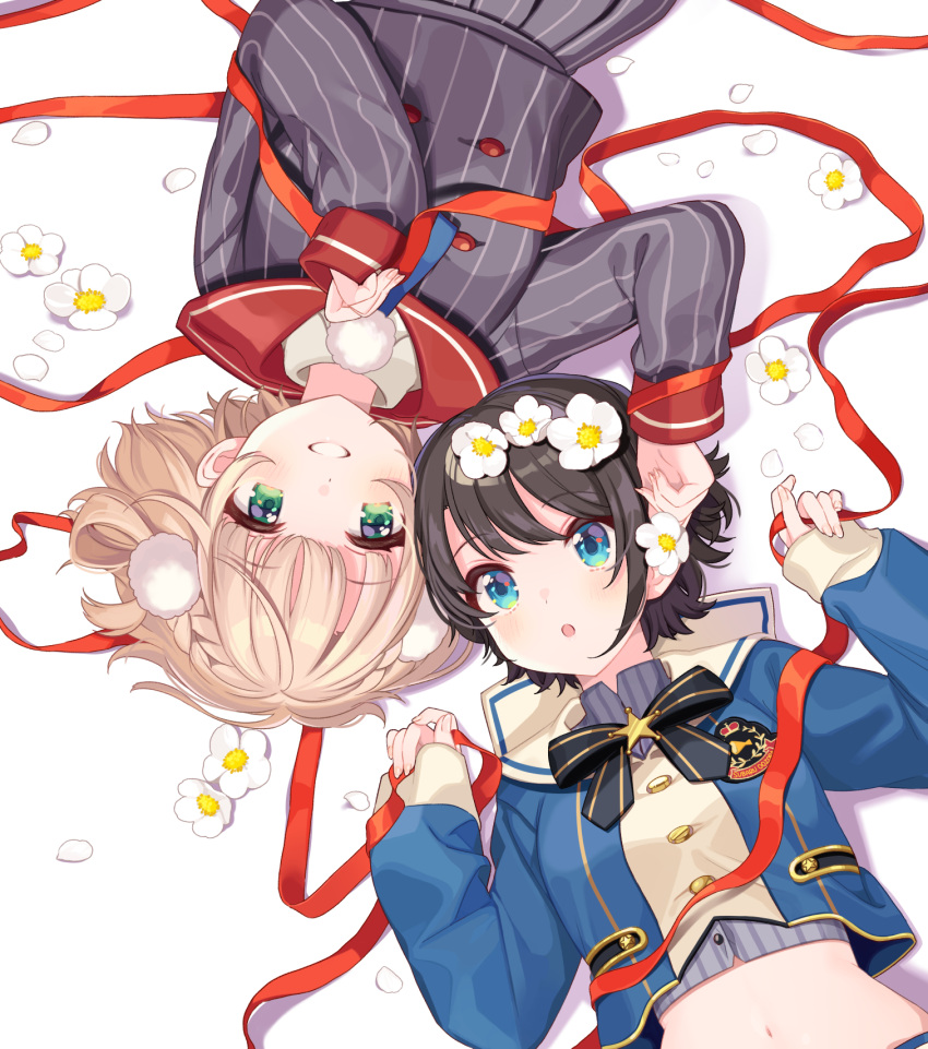 2girls, alternate_costume, black_hair, black_neckwear, blue_eyes, blue_jacket, blue_neckwear, braid