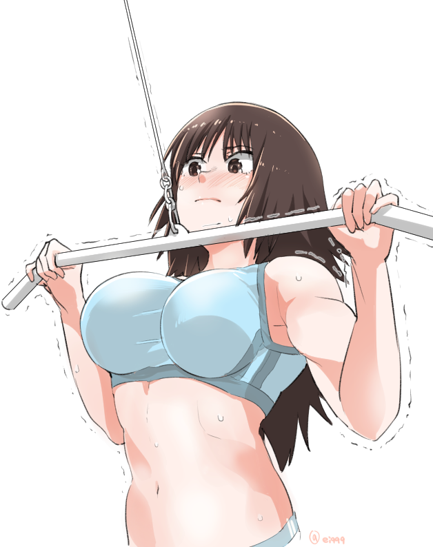 1girl, bangs, black_eyes, black_hair, blue_sports_bra, blush, breasts, closed_mouth, commentary, ei_(akinosakae), frown, girls_und_panzer, large_breasts, long_hair, murakami_(girls_und_panzer), muscle, muscular_female, navel, simple_background, solo, sports_bra, standing, sweat, trembling, twitter_username, upper_body, weightlifting, white_background