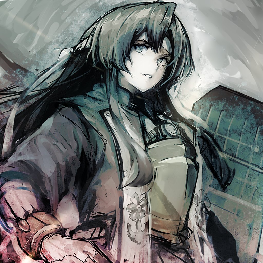 1girl, breastplate, dark_green_hair, flight_deck, green_eyes, hachimaki, hair_down, hairband