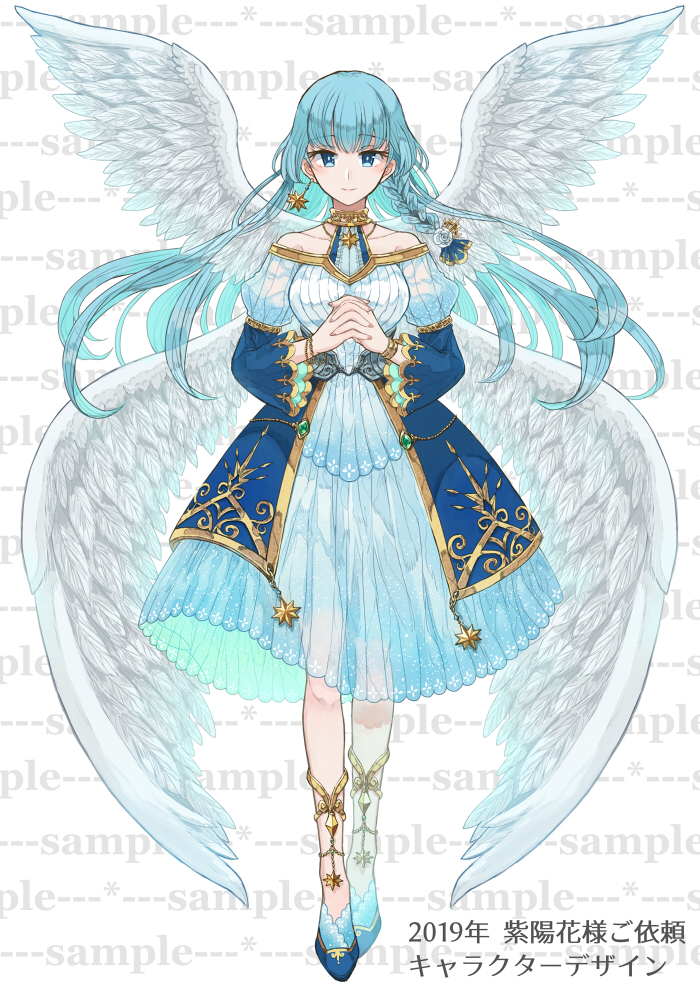 1girl, angel, angel_wings, bangs, blue_eyes, blue_hair, braid, breasts, dated, earrings, fantasy, full_body, gold_trim, hands_together, jewelry, long_hair, looking_at_viewer, medium_breasts, mena_(suzunoki), original, sample, solo, standing, tachi-e, watermark, white_background, white_wings, wings