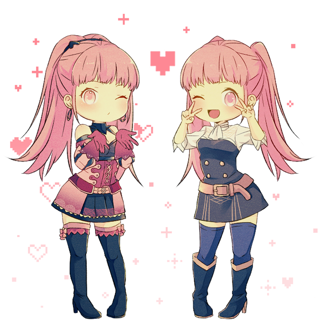 1girl, age_comparison, belt, blue_legwear, boots, closed_mouth, dress, earrings, fire_emblem, fire_emblem:_three_houses, garreg_mach_monastery_uniform, gloves, heart, hilda_valentine_goneril, jewelry, knee_boots, long_hair, nishimura_(nianiamu), one_eye_closed, open_mouth, pink_eyes, pink_hair, ponytail, short_dress, simple_background, thigh-highs, twintails, uniform, white_background