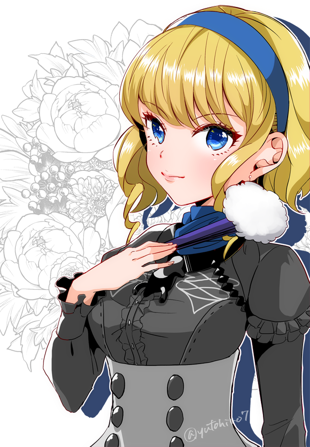 1girl, blonde_hair, blue_eyes, closed_mouth, constance_(fire_emblem), fan, fire_emblem, fire_emblem:_three_houses