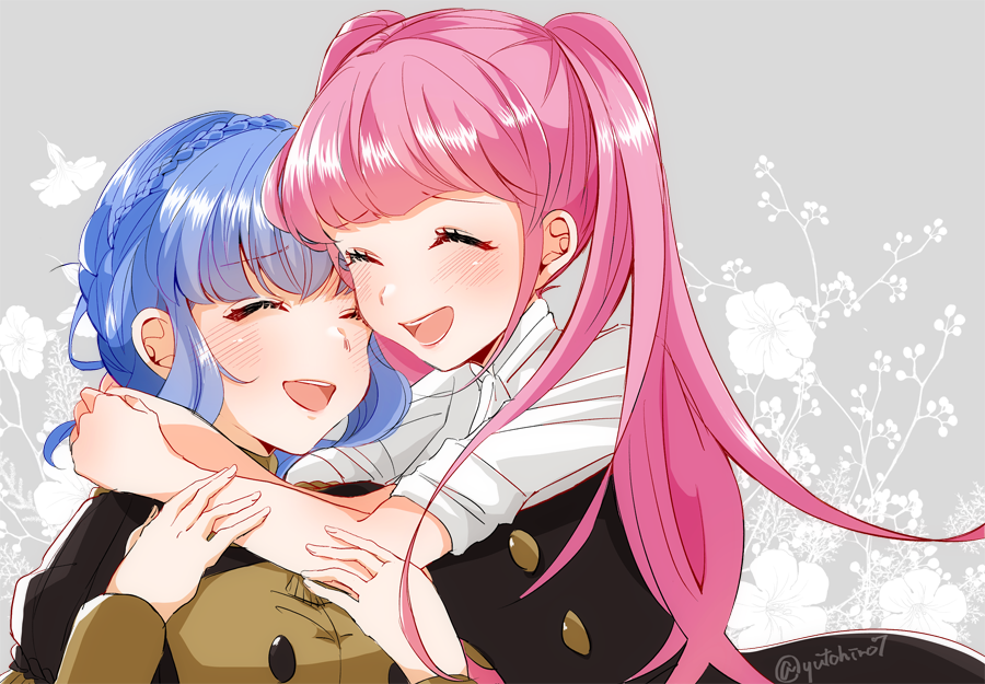2girls, blue_hair, blush, braid, closed_eyes, crown_braid, eyebrows_visible_through_hair, fire_emblem, fire_emblem:_three_houses, garreg_mach_monastery_uniform, hilda_valentine_goneril, hug, long_hair, long_sleeves, marianne_von_edmund, multiple_girls, open_mouth, pink_hair, twintails, twitter_username, uniform, upper_body, yutohiroya