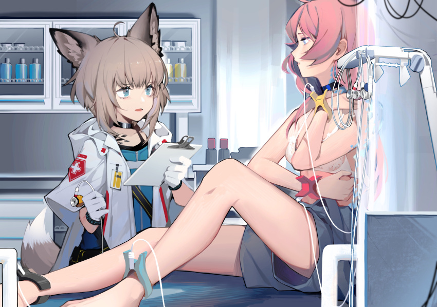 2girls, aniao_ya, animal_ear_fluff, animal_ears, arknights, black_shorts, blue_eyes, blue_poison_(arknights)
