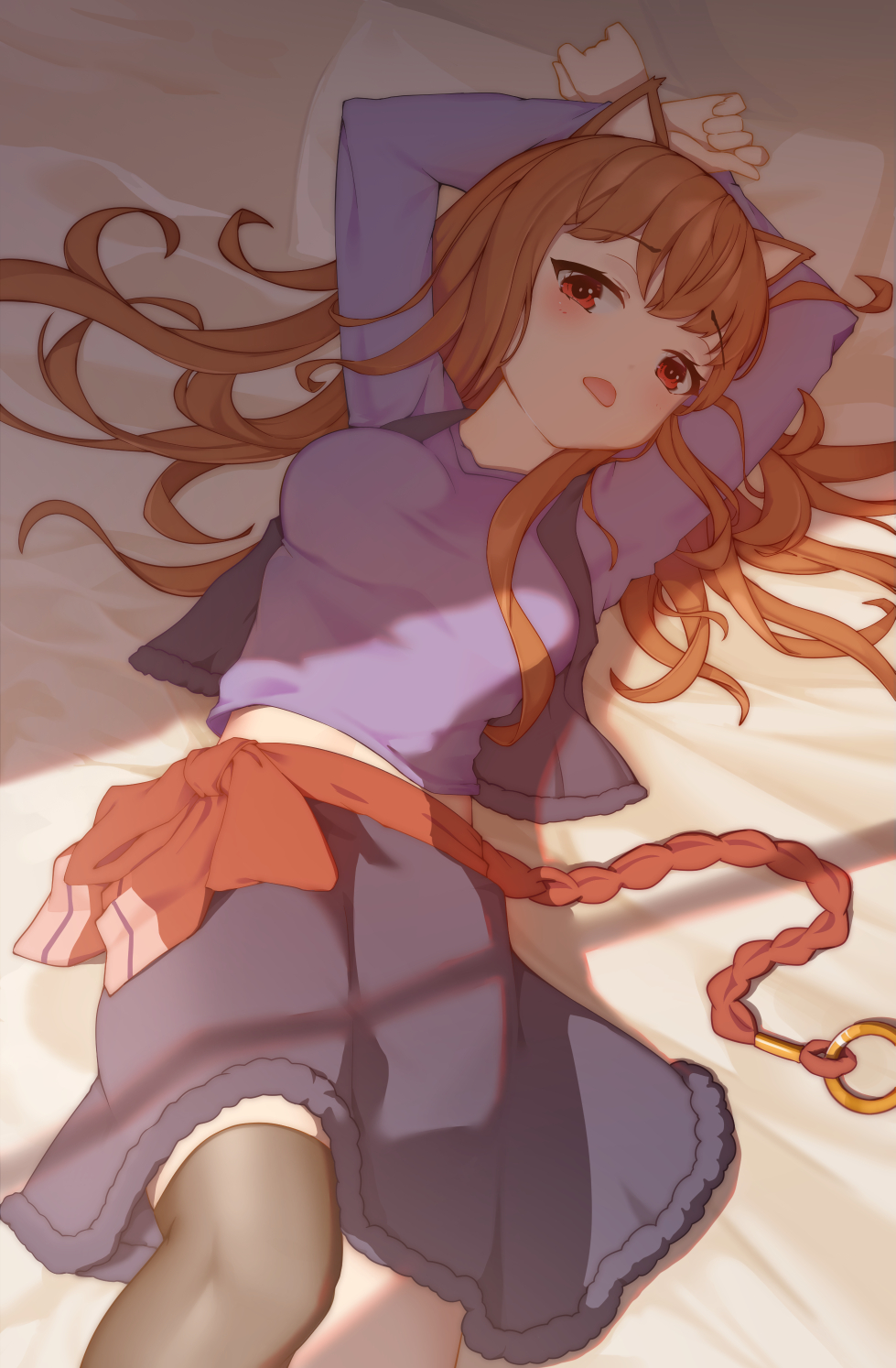 1girl, arm_over_head, bangs, black_legwear, breasts, brown_eyes, brown_hair, commentary_request