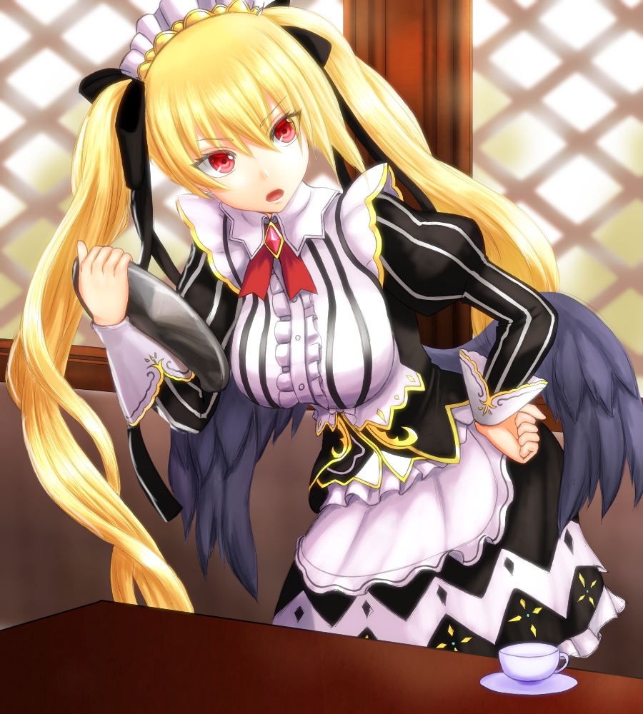 1girl, :o, angel_wings, ariel_(sennen_sensou_aigis), black_ribbon, black_wings, brooch, cup, free_note017, gold_trim, hair_ribbon, hand_on_hip, holding, holding_tray, indoors, jewelry, leaning_forward, long_hair, long_sleeves, maid, puffy_long_sleeves, puffy_sleeves, red_eyes, ribbon, sennen_sensou_aigis, solo, standing, striped, table, teacup, tray, twintails, waitress, window, wings