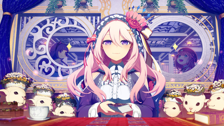 3girls, :d, blonde_hair, book, bow, card, fensi, flower