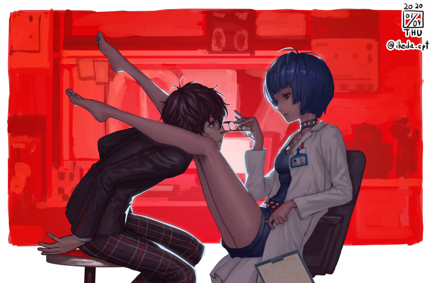 1boy, 1girl, ahoge, amamiya_ren, bare_legs, barefoot, belt, between_legs, black_hair, black_jacket, blue_hair, chair, choker, clipboard, computer, expressionless, eye_contact, eyewear_removed, feet, glasses, head_between_knees, highres, id_card, ikeda_(cpt), jacket, jewelry, labcoat, leaning_forward, legs_up, long_sleeves, looking_at_another, miniskirt, name_tag, necklace, nervous, pants, pencil_skirt, persona, persona_5, plaid, plaid_pants, red_background, school_uniform, short_hair, shuujin_academy_uniform, sitting, skirt, stool, studded_belt, studded_choker, sweatdrop, takemi_tae