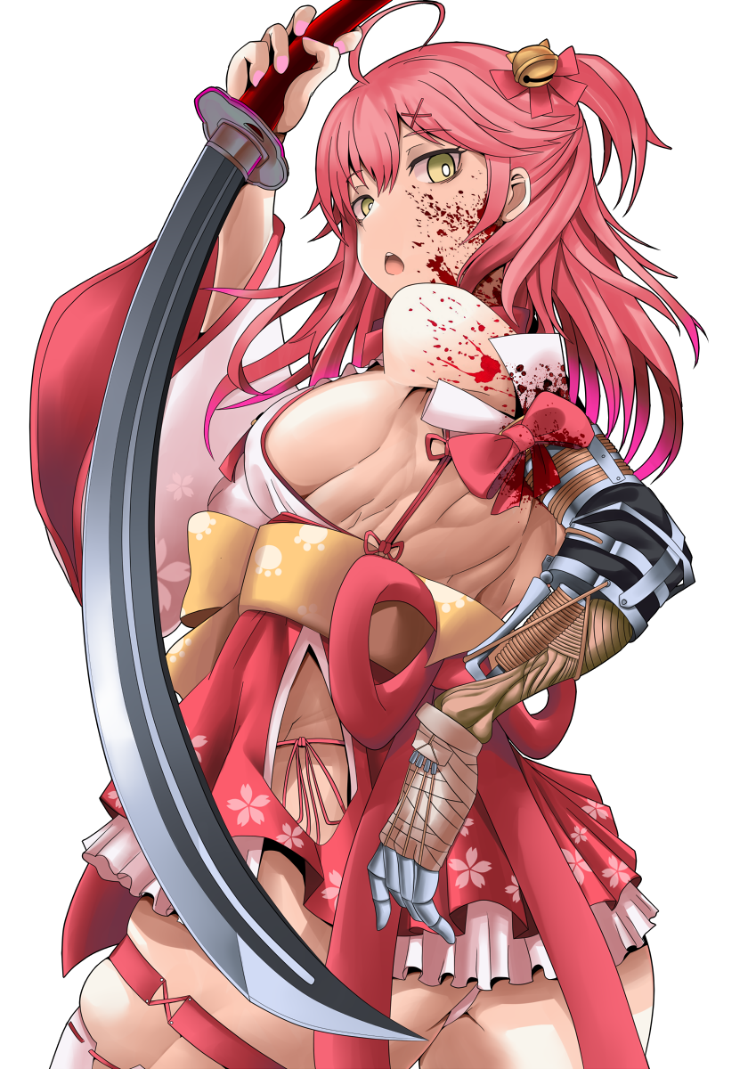 1girl, ahoge, ass, bare_shoulders, bell, blood, blood_on_face, bloody_clothes