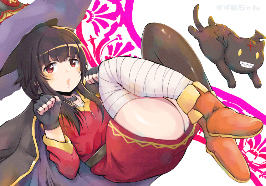 1girl, amasuzume, ass, bandaged_leg, bandages, belt, black_hair, black_legwear, blush, breasts, brown_hair, cape, cat, chomusuke, dress, fingerless_gloves, gloves, hat, kono_subarashii_sekai_ni_shukufuku_wo!, looking_at_viewer, megumin, open_mouth, red_dress, red_eyes, short_hair, single_thighhigh, smile, solo, thigh-highs, witch_hat