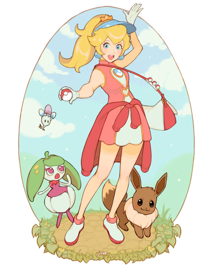 1girl, :d, alternate_costume, arm_up, bag, bare_arms, blonde_hair, blue_eyes