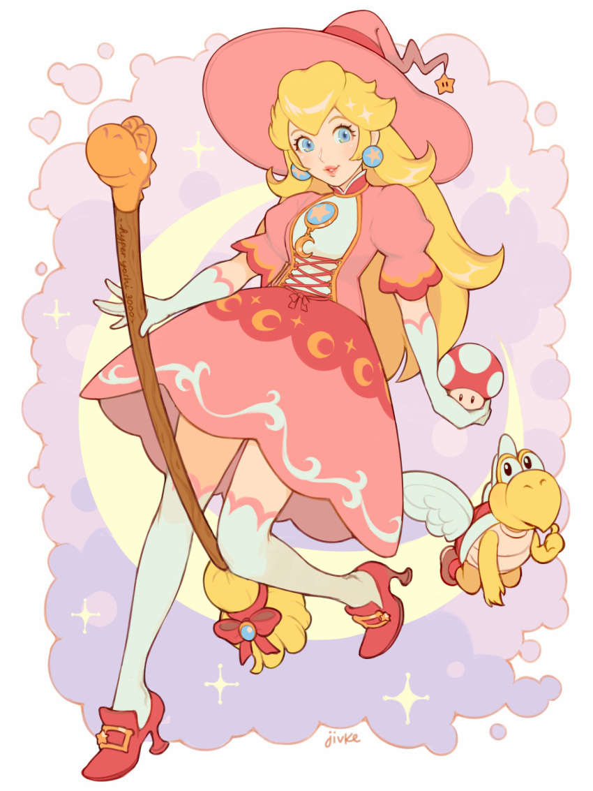 1girl, alternate_costume, blonde_hair, blue_eyes, brooch, broom, commentary, crescent, cross-laced_clothes, dress, earrings, elbow_gloves, full_body, gloves, hat, high_heels, highres, holding, jewelry, jivke, koopa_paratroopa, lips, long_hair, looking_at_viewer, super_mario_bros., mushroom, pink_dress, pink_headwear, princess_peach, puffy_short_sleeves, puffy_sleeves, red_footwear, shoes, short_sleeves, signature, star, thigh-highs, white_gloves, white_legwear, witch, witch_hat, yoshi