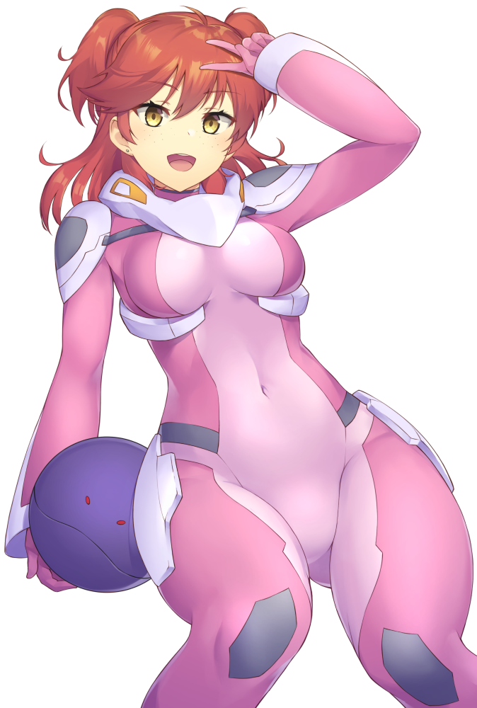 1girl, ahoge, arm_up, ass_visible_through_thighs, bad_haro, bangs, bodysuit, breasts, covered_navel, earrings, eyebrows_visible_through_hair, foreshortening, freckles, gundam, gundam_00, hair_between_eyes, holding, jewelry, looking_at_viewer, medium_breasts, medium_hair, nena_trinity, open_mouth, p!nta, pilot_suit, pink_bodysuit, redhead, round_teeth, simple_background, smile, stud_earrings, teeth, thighs, tongue, two_side_up, v, white_background, wide_hips, yellow_eyes
