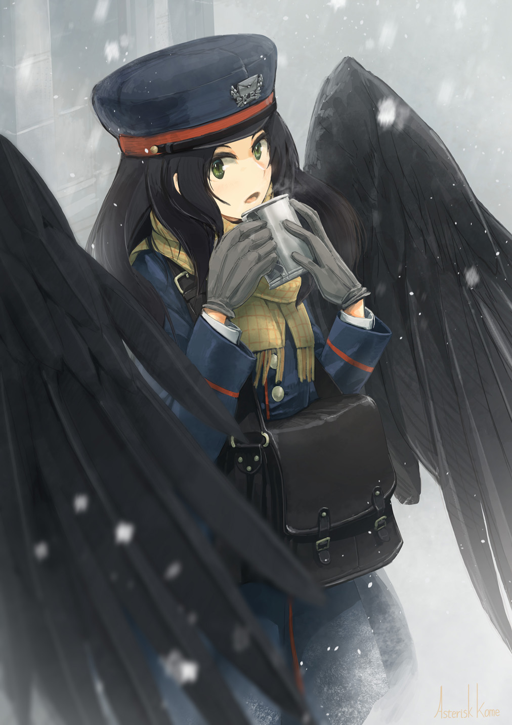 1girl, asterisk_kome, badge, bag, black_hair, black_wings, coat, cup