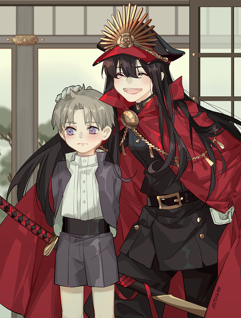 1boy, 1girl, ^_^, artist_name, belt, black_hair, blush, brown_hair