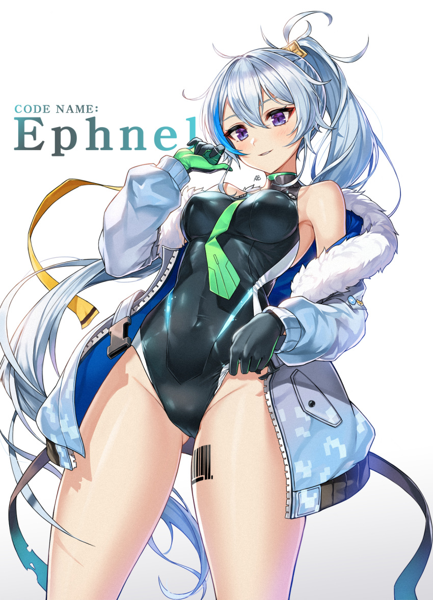 1girl, aliceblue, arm_up, armpits, artist_name, ass_visible_through_thighs, bangs, barcode_tattoo, black_gloves, black_leotard, blue_hair, blush, breasts, character_name, commentary_request, covered_navel, covered_nipples, cowboy_shot, ephnel, eyebrows_visible_through_hair, fur-trimmed_jacket, fur_trim, gloves, gradient_jacket, green_gloves, green_neckwear, groin, high_ponytail, highleg, highleg_leotard, highres, jacket, leg_tattoo, leotard, leotard_tug, long_hair, long_sleeves, looking_at_viewer, medium_breasts, multicolored_hair, off-shoulder_jacket, open_clothes, open_jacket, ponytail, smile, snap-fit_buckle, solo, soul_worker, standing, streaked_hair, tattoo, two-tone_gloves, very_long_hair, violet_eyes, white_background