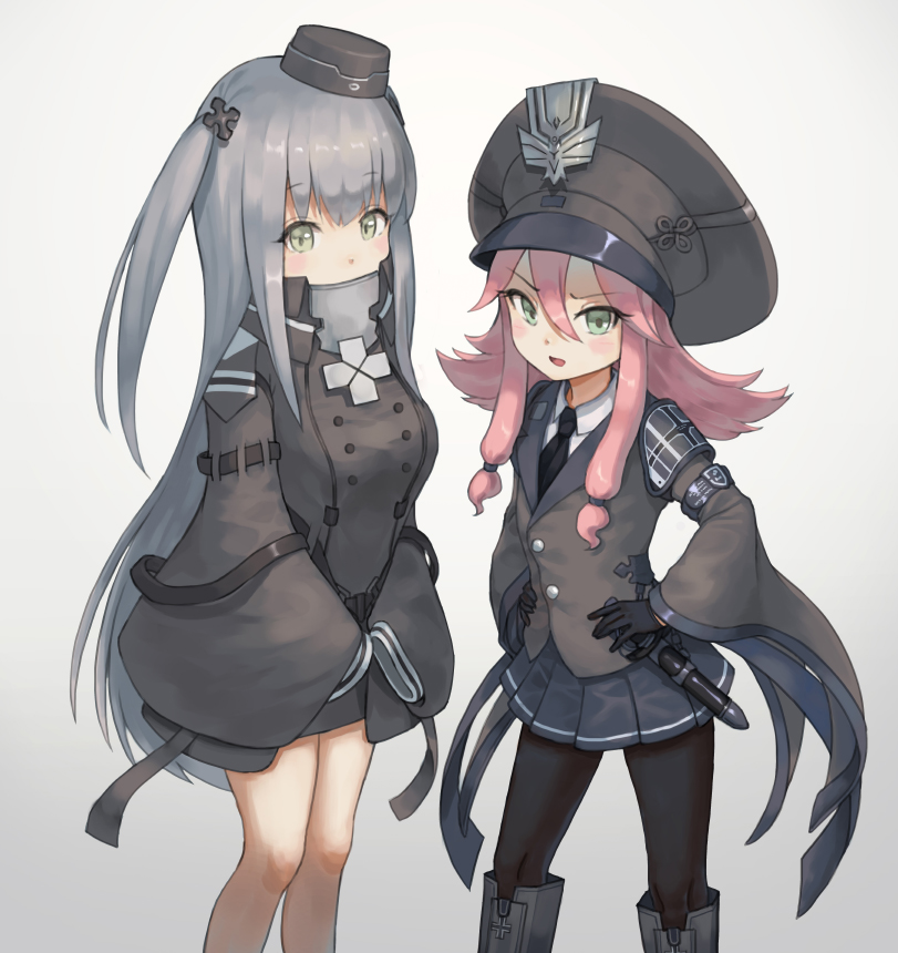 2girls, 88_flak_(ash_arms), arms_at_sides, ash_arms, bolbbangbbang, boots, commentary_request, gloves