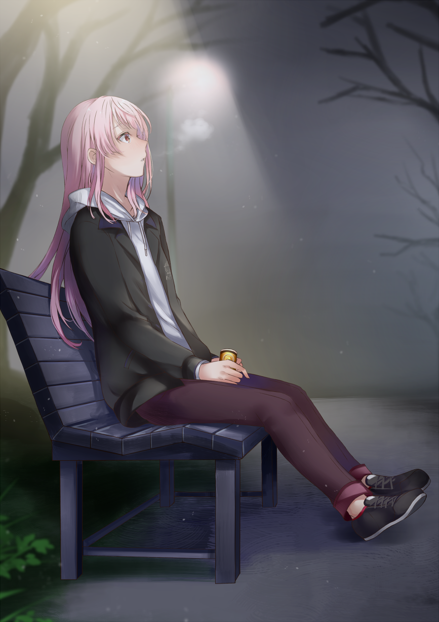 15pafe, 1girl, bangs, bare_tree, bench, black_footwear, black_jacket, blurry