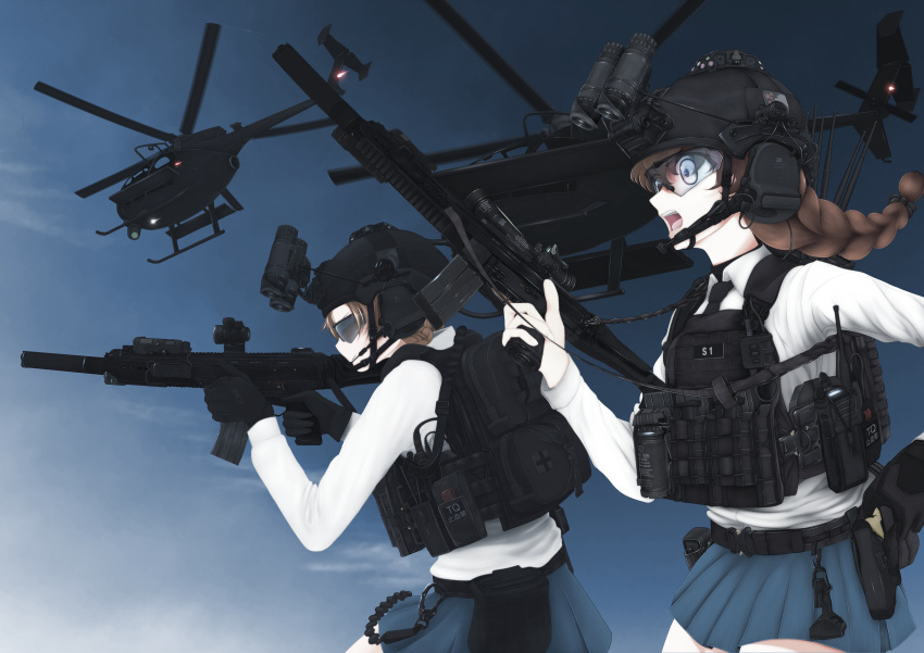 2girls, absurdres, aircraft, alternate_eye_color, assault_rifle, belt, binoculars, black_belt, black_gloves, black_headwear, black_neckwear, black_ribbon, blue_skirt, blue_sky, body_armor, braid, brown_hair, closed_mouth, clouds, cloudy_sky, commentary_request, day, dress_shirt, emblem, frown, girls_und_panzer, gloves, grey_eyes, gun, hair_ribbon, headset, helicopter, helmet, highres, holding, holding_gun, holding_weapon, holster, long_hair, long_sleeves, military, military_operator, miniskirt, mt_totemo_tuyoi, multiple_girls, necktie, open_mouth, orange_pekoe_(girls_und_panzer), outdoors, pale_skin, pantyhose, pleated_skirt, pouch, ribbon, rifle, rukuriri_(girls_und_panzer), school_uniform, scope, shirt, single_braid, skirt, sky, st._gloriana's_(emblem), standing, sunglasses, tactical_clothes, tied_hair, trigger_discipline, weapon, white_gloves, white_legwear, white_shirt, wing_collar
