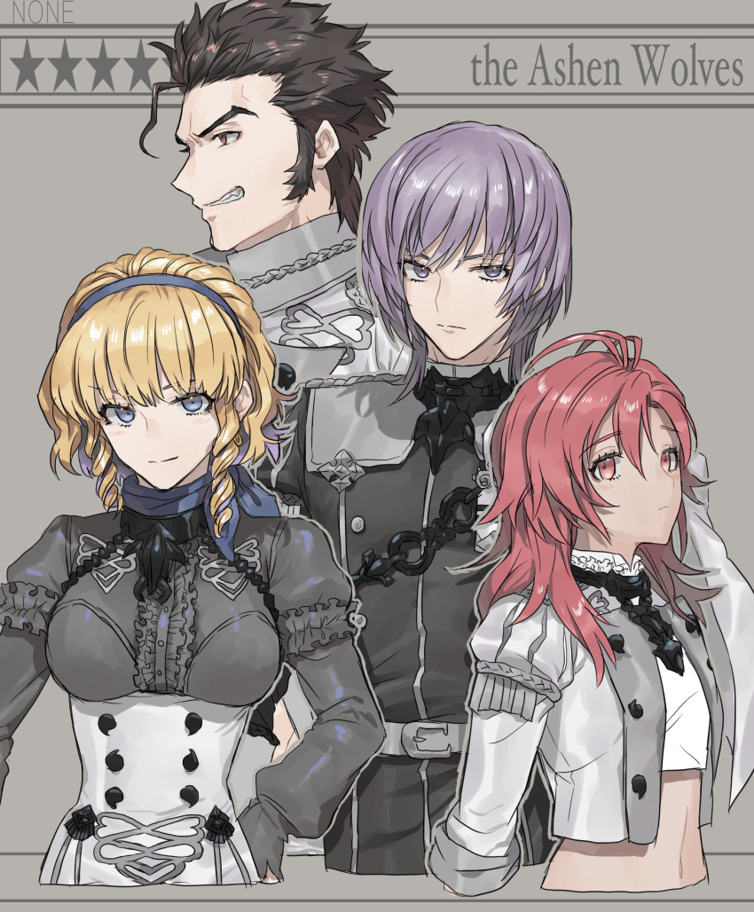 2boys, 2girls, balthus_(fire_emblem), belt, blonde_hair, blue_eyes, blue_hairband, brown_eyes