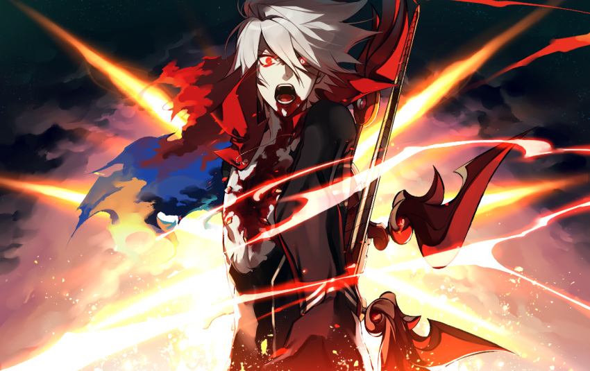1boy, blood, blood_from_mouth, blue_eyes, fate/apocrypha, fate_(series), glowing, glowing_eyes