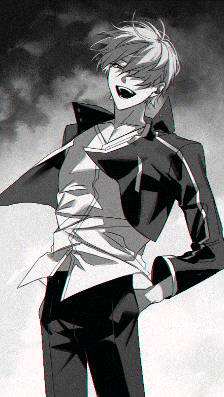 1boy, casual, fate/stay_night, fate_(series), film_grain, gilgamesh, greyscale, hair_over_one_eye