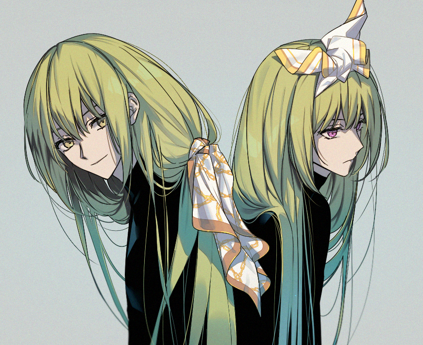 2others, alternate_hairstyle, bandana, black_shirt, bow, contemporary, enkidu_(fate/strange_fake), fate/grand_order