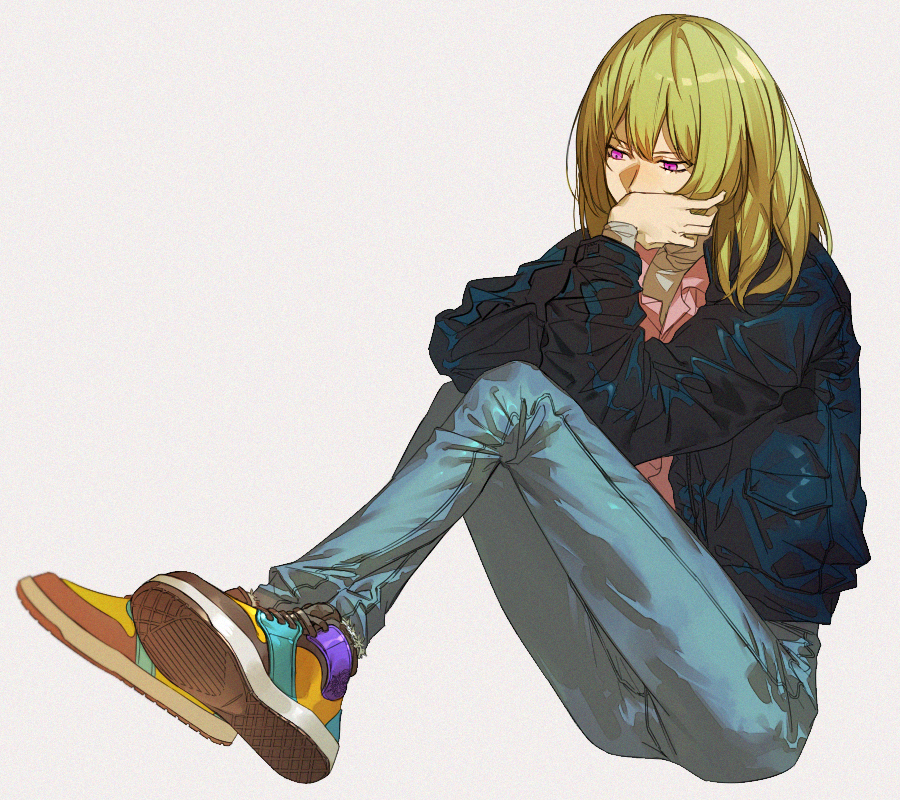 1boy, androgynous, blue_jacket, casual, covering_mouth, crossed_ankles, denim, fate/grand_order, fate_(series), green_hair, jacket, jeans, kingu_(fate), long_hair, maka_(mksrw), modern, pants, shoes, sitting, sneakers, solo, violet_eyes