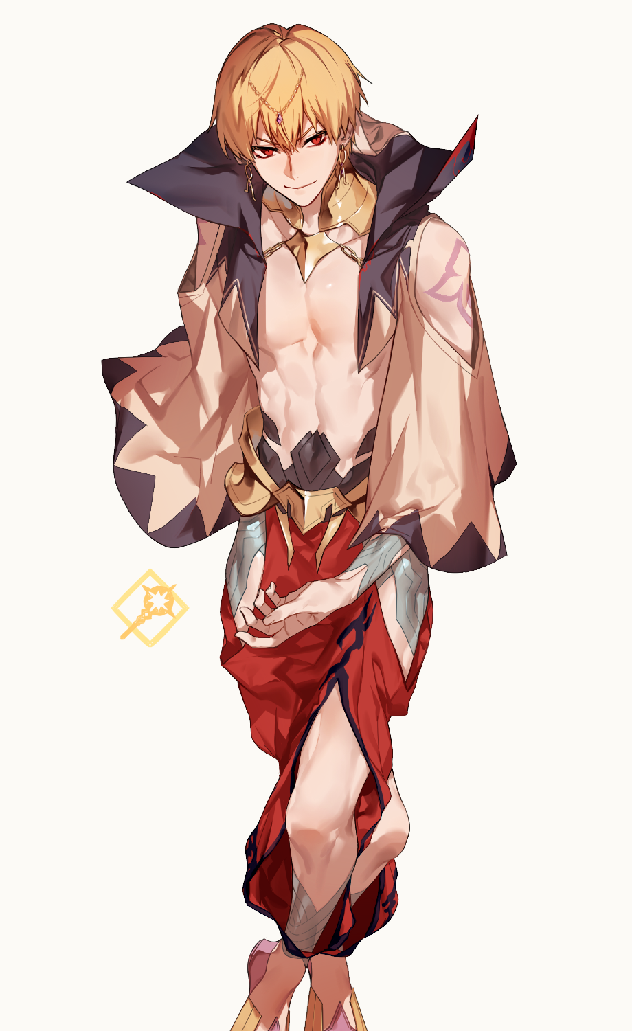 1boy, bare_chest, blonde_hair, collar, fate/grand_order, fate_(series), gilgamesh, gilgamesh_(caster)_(fate)