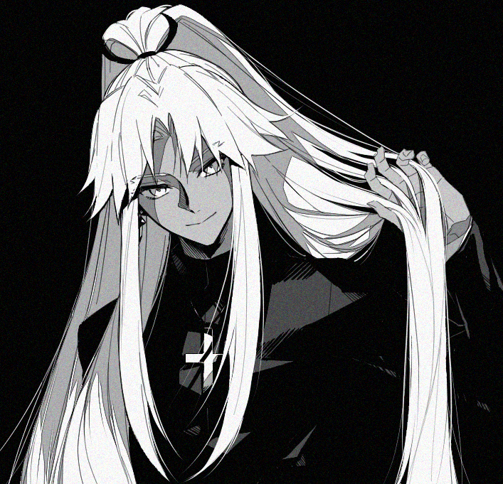 1boy, amakusa_shirou_(fate), cassock, cross, cross_necklace, dark_skin, dark_skinned_male, fate/apocrypha, fate_(series), greyscale, hair_tousle, hand_in_hair, japanese_clothes, jewelry, long_hair, maka_(mksrw), male_focus, monochrome, necklace, ponytail, solo