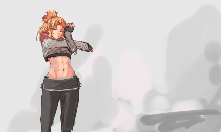 1girl, abs, blonde_hair, commentary, cowboy_shot, crop_top, english_commentary, fate/apocrypha, fate/grand_order, fate_(series), hair_ornament, hair_scrunchie, highres, midriff, mordred_(fate)_(all), navel, one_eye_closed, panties_(pantsu-pirate), pants, red_scrunchie, scrunchie, short_ponytail, solo, stretch, sweat