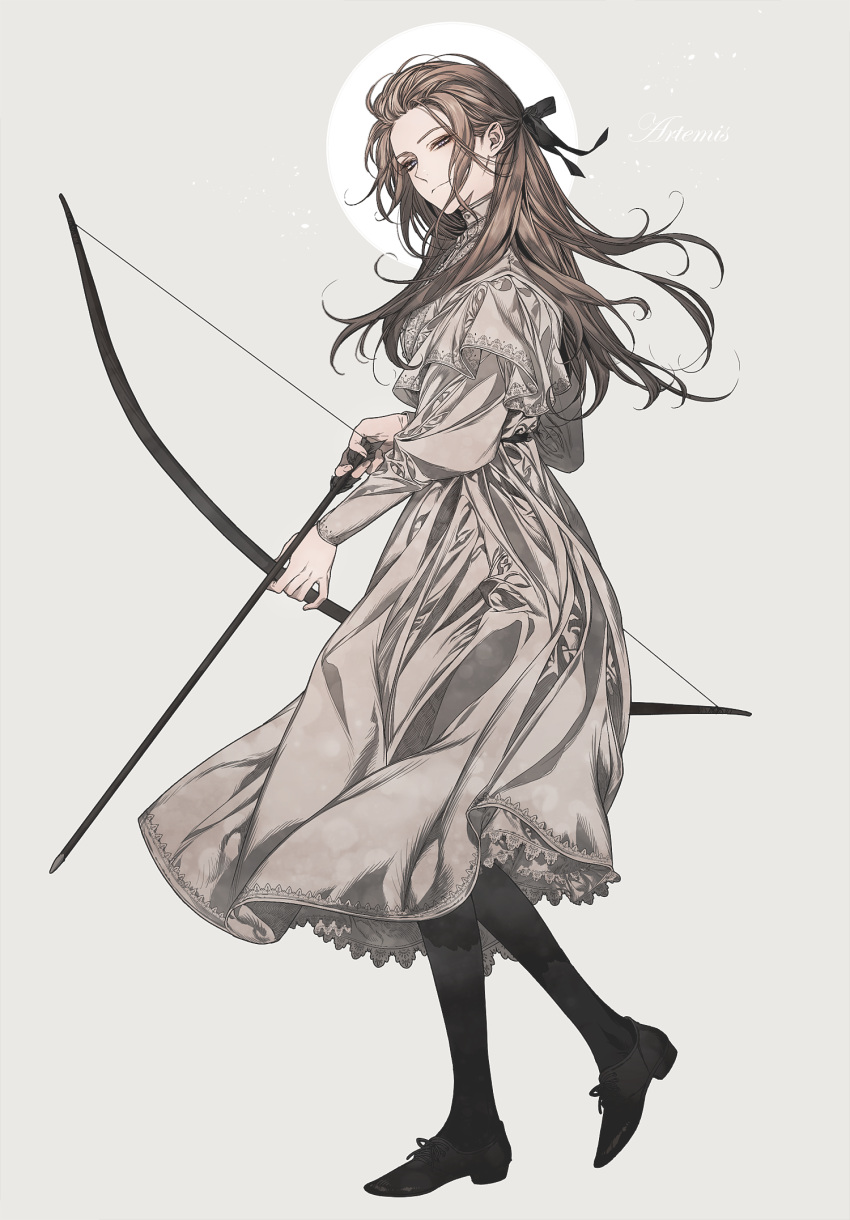 1girl, archery, arrow, artemis_(mythology), black_footwear, black_legwear, black_ribbon, blue_eyes