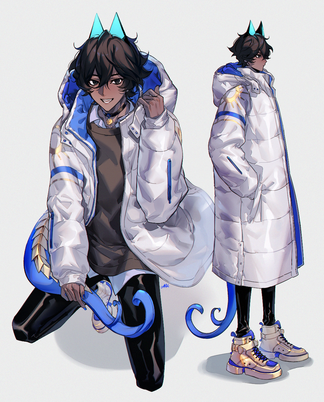 2boys, arjuna_alter, black_hair, black_pants, character_sheet, coat, dark_skin, dark_skinned_male