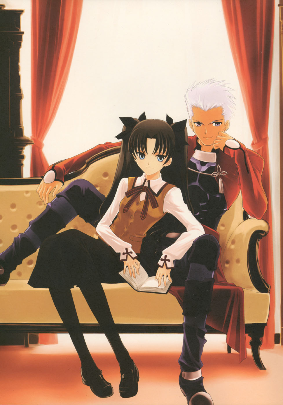 black_hair, blue_eyes, book, couch, crazy_clover_club, fate/stay_night, fate_(series), highres