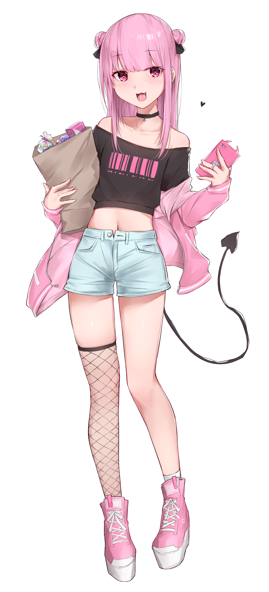 1girl, :d, asahina_uta, bag, bare_shoulders, black_shirt, choker, collarbone, commentary_request, crop_top, demon_tail, denim, denim_shorts, double_bun, fang, fishnet_legwear, fishnets, full_body, highres, holding, holding_phone, iriam, jacket, jewelry, kanju, long_hair, long_sleeves, looking_at_viewer, midriff, mismatched_legwear, navel, off-shoulder_shirt, off_shoulder, open_clothes, open_fly, open_jacket, open_mouth, phone, pink_eyes, pink_hair, pink_jacket, ring, shirt, shoes, shopping_bag, short_shorts, shorts, sidelocks, simple_background, single_thighhigh, skindentation, smile, sneakers, socks, solo, standing, stomach, tail, thigh-highs, virtual_youtuber, white_background, white_legwear