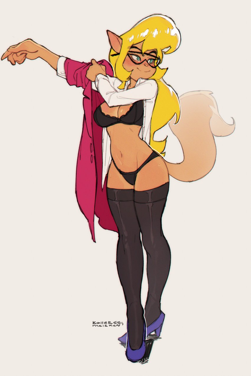 1girl, animal_ears, artist_name, black_bra, black_panties, blonde_hair, blush, bra, breasts, callie_briggs, cat_ears, cat_tail, dressing, glasses, groin, high_heels, highres, kollerss, long_hair, medium_breasts, navel, panties, smile, solo, swat_kats, tail, thigh-highs, underwear, white_background